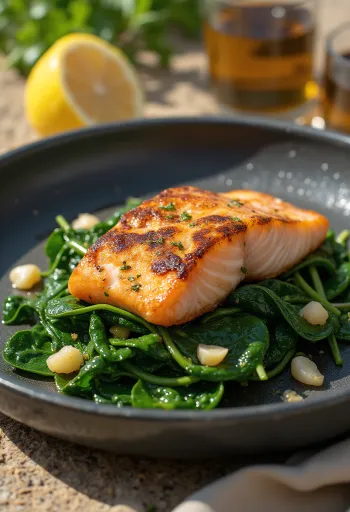 마늘 시금치를 곁들인 연어 구이 서빙