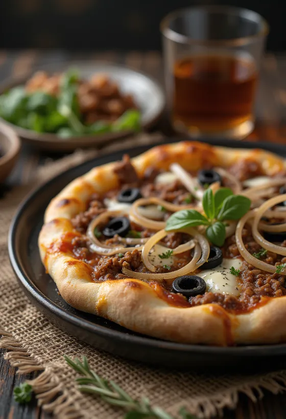 양념한 다진 고기와 블랙 올리브가 토핑된 Pizza Libyenne