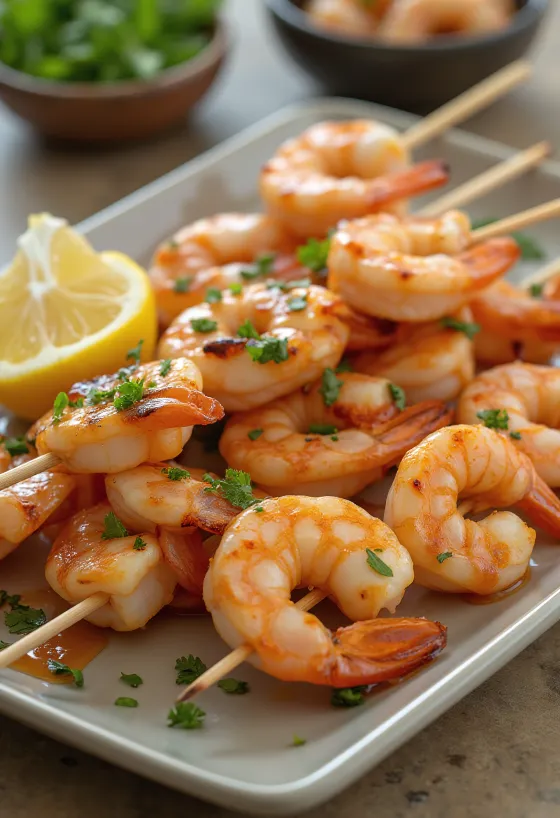 새우 사테, 신선한 야채를 곁들인 그릴 새우 꼬치