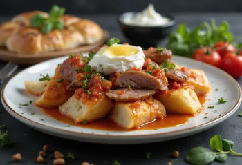 접시에 담긴 이스켄데르 케밥: 빵 조각 위의 구운 고기, 토마토 소스, 버터, 요거트, 구운 채소