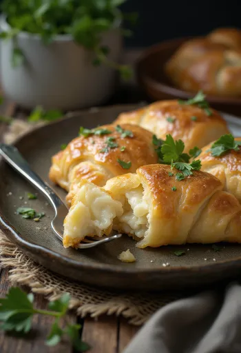 황금빛으로 구운 양젖 치즈 엠파나다