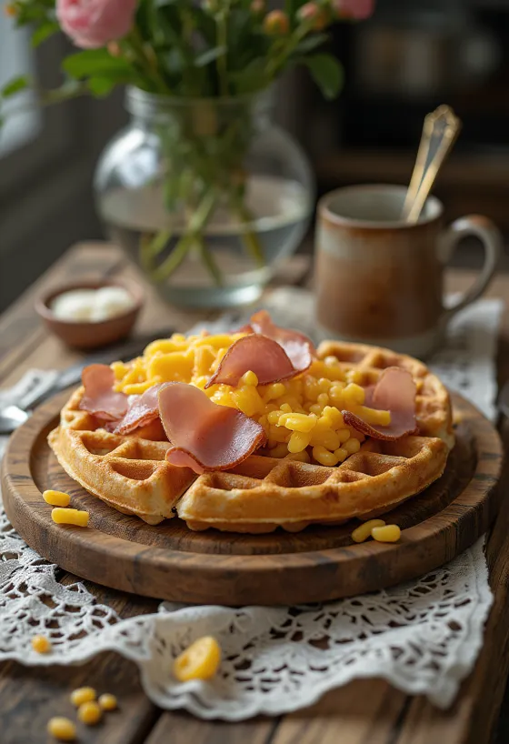 짭짤한 토핑을 얹은 리에주 와플 차림