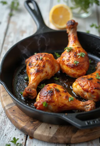 신선한 채소와 함께 제공되는 매콤한 양념의 구운 닭다리.