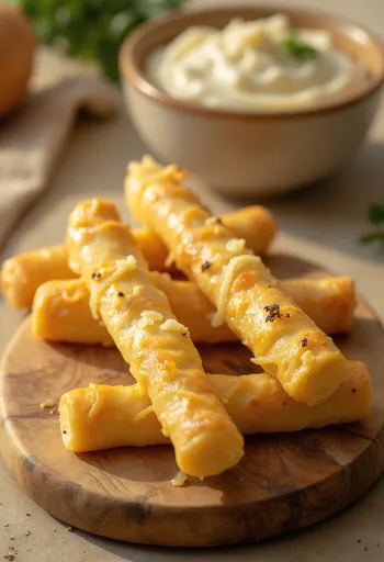 황금빛으로 구워진 바삭한 치즈 스틱, 강판에 간 치즈가 듬뿍 뿌려져 있음