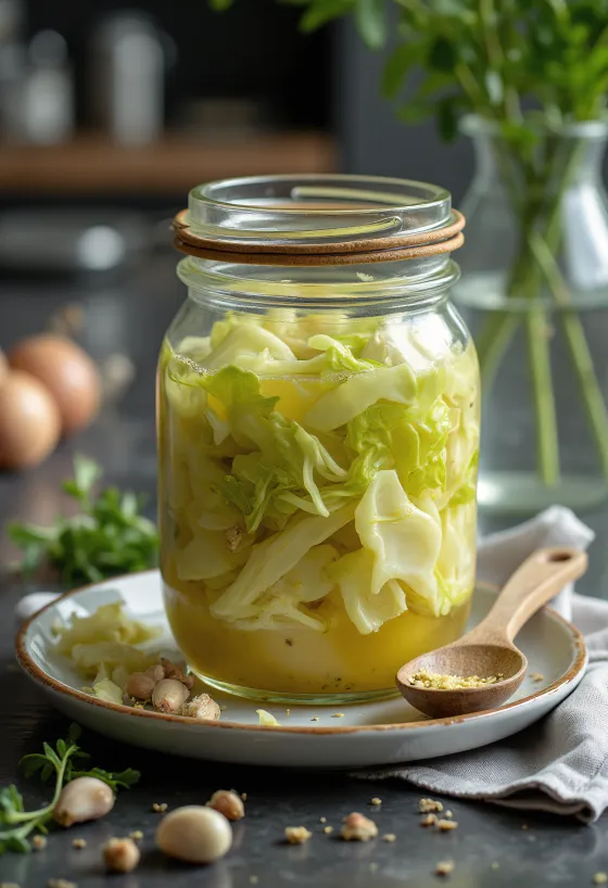 유리병에 담긴 매운 식초 절임 사보이 양배추