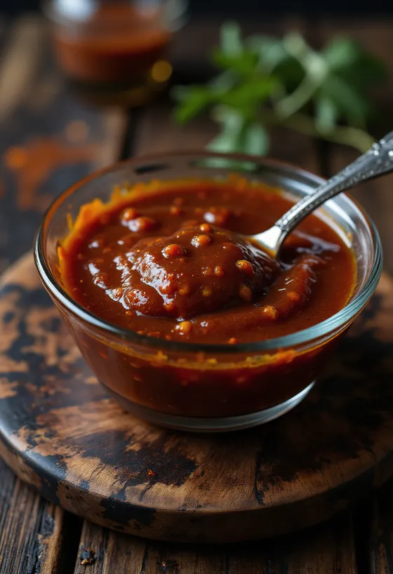 유리병에 담긴 훈제 파프리카 칠리 바비큐 소스, 구운 고기 곁들임
