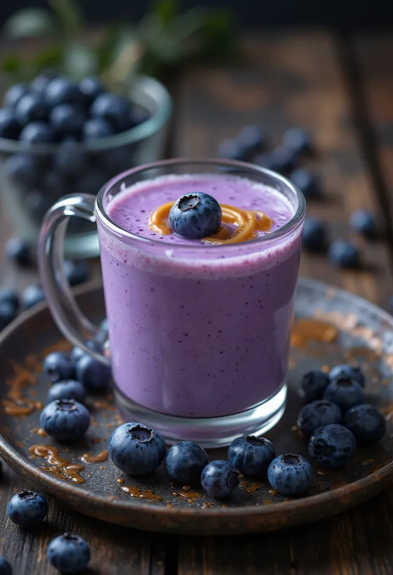 휘핑크림과 블루베리로 장식된 머그잔에 담긴 카라멜 블루베리 우유