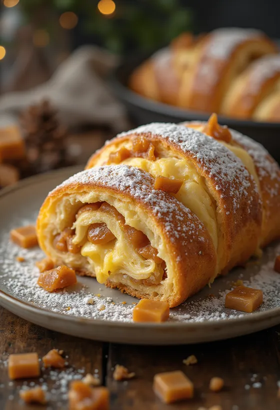 썰어 놓은 바삭한 캐러멜 슈톨렌, 슈가파우더를 뿌린 모습