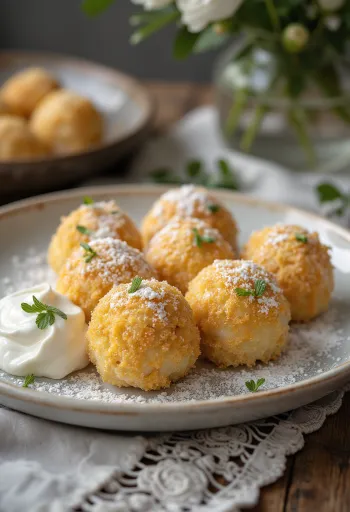 달콤한 사워크림과 볶은 빵가루를 뿌린 부드러운 코티지 치즈 덤플링.