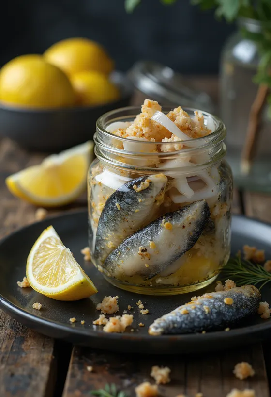 유리병에 담긴 매운 식초 절임 고등어