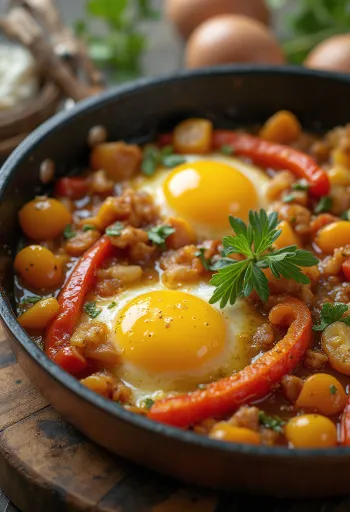 신선한 허브로 장식된 다채로운 구운 채소 라따뚜이