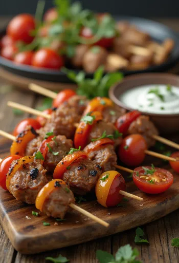 구운 미트볼과 요거트 소스를 곁들인 미니 케밥 꼬치