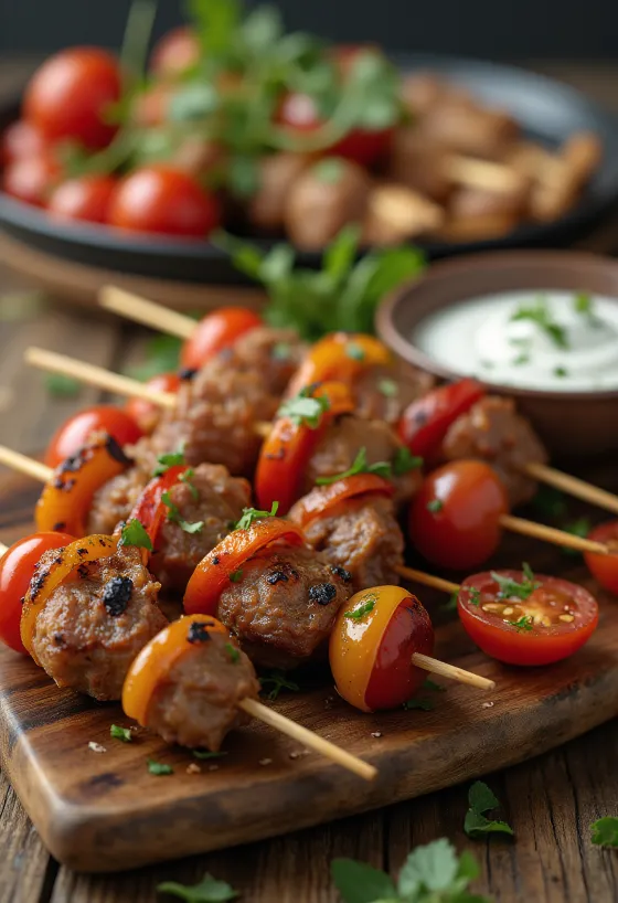 구운 미트볼과 요거트 소스를 곁들인 미니 케밥 꼬치