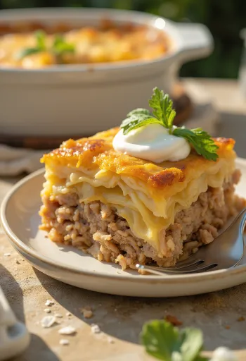 다진 고기와 쌀을 층층이 쌓고 사워크림을 곁들인 전통 라코트 카포스타.