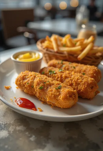 황금빛으로 튀겨진 소시지, 바삭한 튀김옷, 신선한 머스타드와 케첩 곁들임