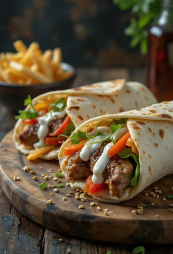 구운 고기, 야채, 요거트 소스, 감자튀김을 곁들인 뒤림 케밥 롤