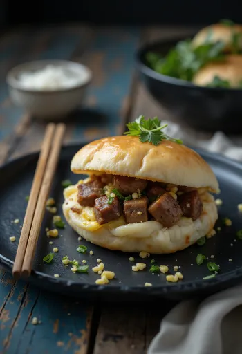 구운 양고기를 채워 찐 바오 반죽, 심플한 플레이팅