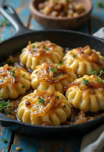 사워크림과 볶은 양파를 곁들인 바삭한 되될레