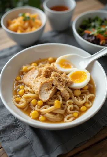 달걀, 닭고기, 옥수수를 곁들인 Instant Noodle Ramen