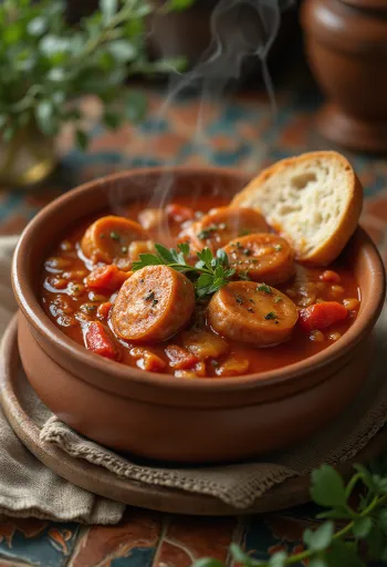 신선한 파프리카, 토마토, 훈제 소시지를 곁들인 소시지 레초