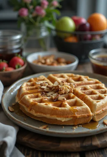 신선한 과일과 메이플 시럽을 곁들인 비건 와플