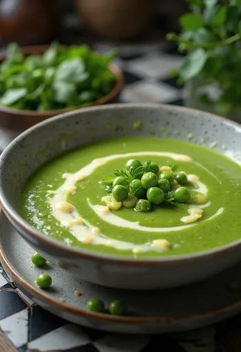 신선한 파슬리를 곁들인 크리미한 완두콩 수프