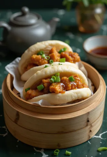 구운 닭고기를 채워 찐 바오 반죽, 심플한 플레이팅