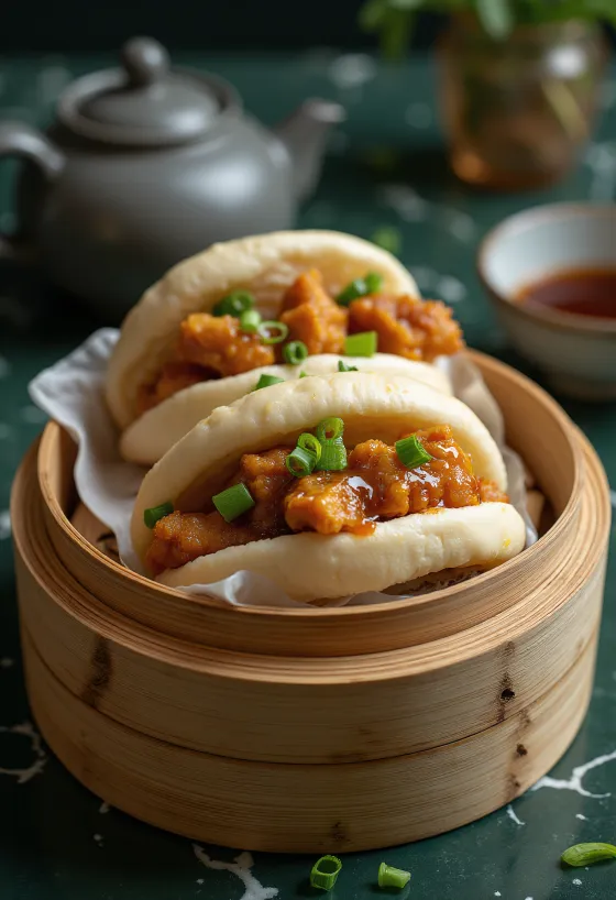 구운 닭고기를 채워 찐 바오 반죽, 심플한 플레이팅