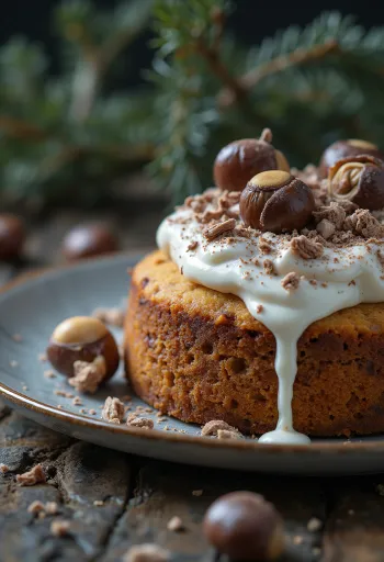 다크 초콜릿과 호두로 장식된 겨울 밤 케이크
