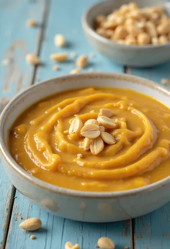 신선한 고수와 함께 그릇에 담긴 커리 땅콩 소스