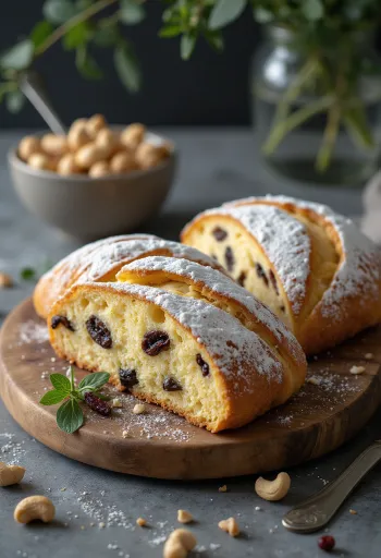 슬라이스된 캐슈넛 슈톨렌, 슈가 파우더가 뿌려진 모습