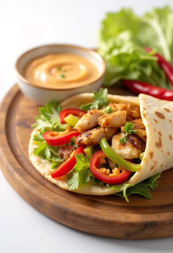 구운 닭고기, 칠리, 파프리카, 샐러드로 채우고 크리미한 소스를 곁들인 스파이시 랩