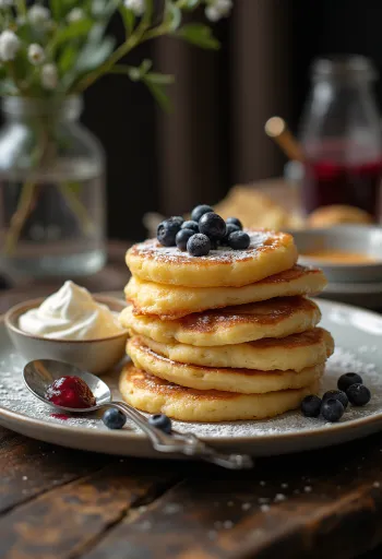 잼과 신선한 과일을 곁들인 갓 구운 코티지 치즈 팬케이크, 클래식 시르니키