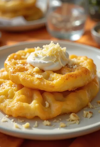 사워크림과 치즈를 곁들인 갓 튀긴 홈메이드 랑고스