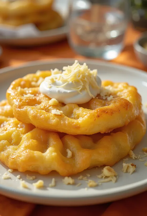 사워크림과 치즈를 곁들인 갓 튀긴 홈메이드 랑고스