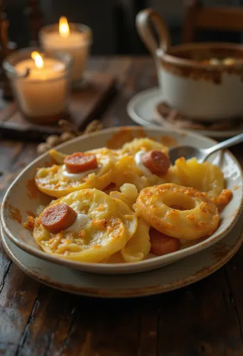 소시지와 달걀을 층층이 쌓고 사워크림을 얹은 라코트 크룸플리