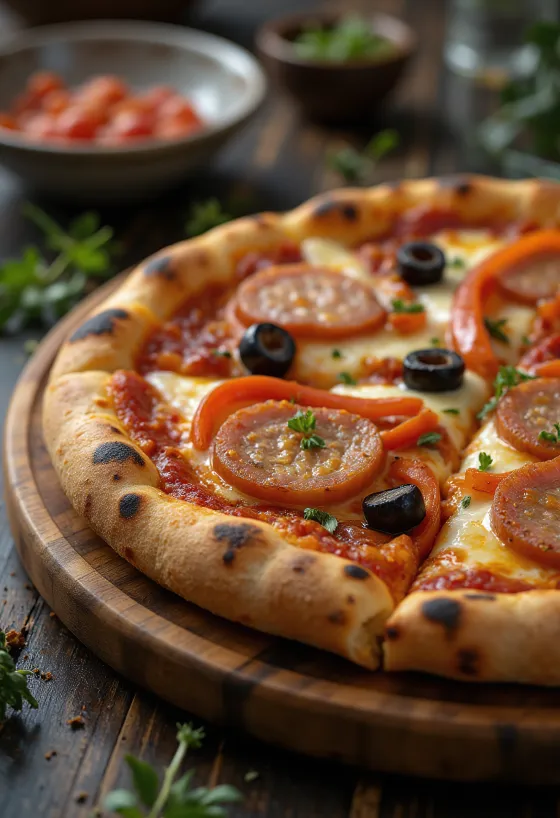 갓 구운 매운 소시지 피자