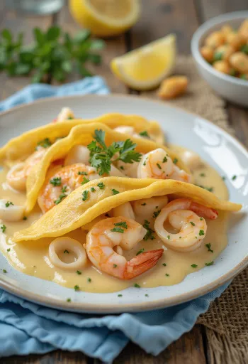 갓 구운 해산물 팬케이크