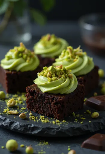 초콜릿과 피스타치오로 장식된 피스타치오 초콜릿 케이크