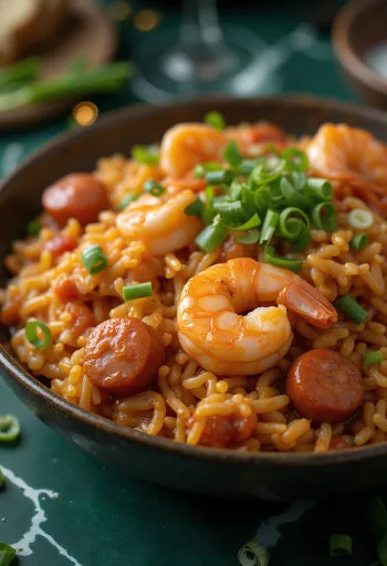 새우와 소시지를 넣은 잠발라야, 풍부한 양념의 쌀 요리