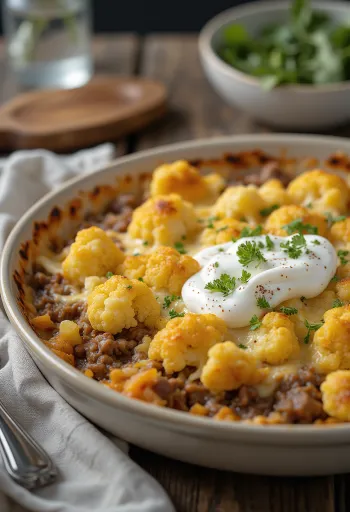 다진 고기와 치즈를 곁들인 콜리플라워 캐서롤