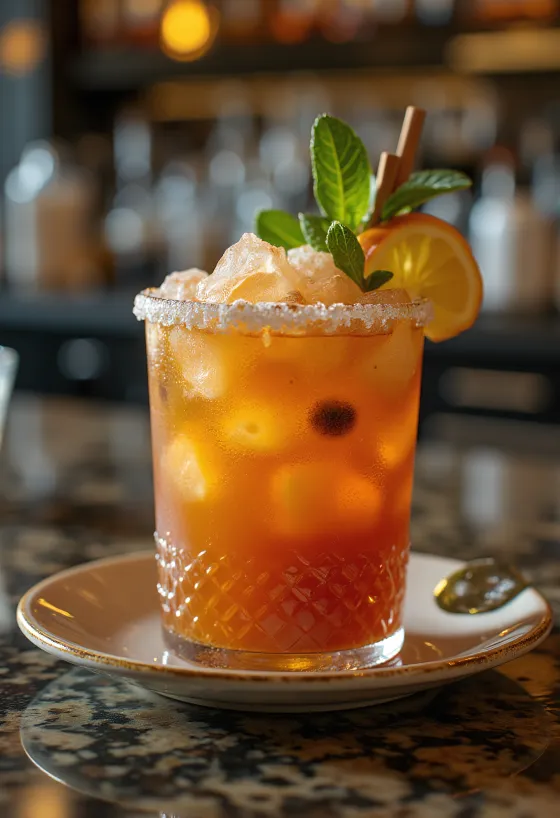 민트 잎과 오렌지 슬라이스로 장식된 좀비 칵테일