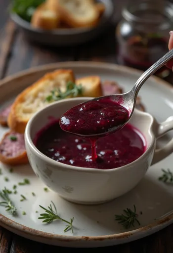 유리병에 담긴 크림 로즈마리 레드 와인 소스, 구운 고기와 함께 서빙