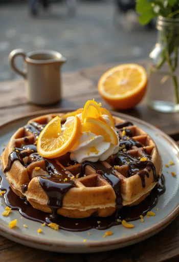 서빙된 벨기에 초콜릿 오렌지 와플