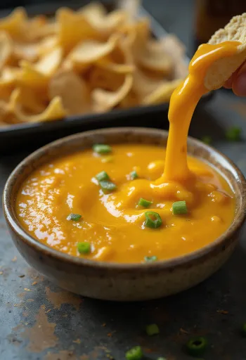 할라피뇨 맥주 체다 소스, 나초와 함께 서빙된 모습