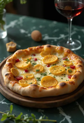 파르메산 칩을 곁들인 콰트로 포르마지 피자 서빙 모습