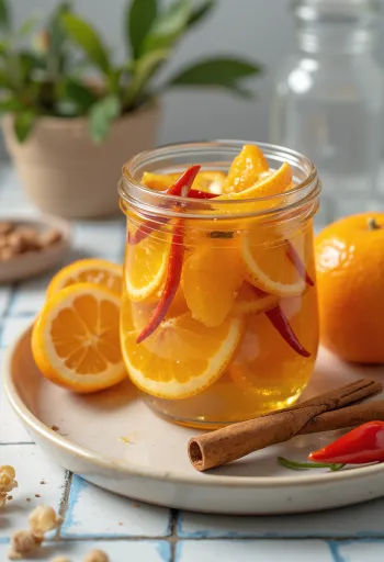 유리병에 담긴 매운 절인 오렌지