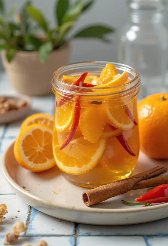 유리병에 담긴 매운 절인 오렌지