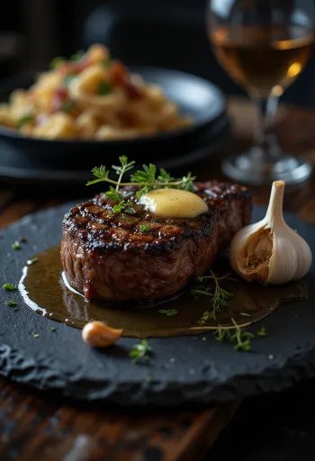 황금빛으로 구워진 립아이 스테이크, 신선한 허브와 버터 곁들임