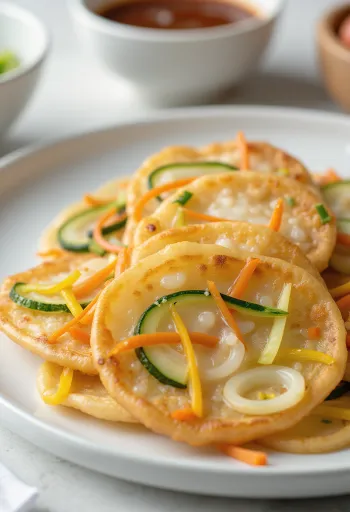 채 썬 야채가 노릇하게 부쳐진 한국식 전